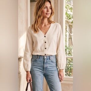 Loft Cream Linen-Blend Button-Down Blouse | Size S | Effortless Parisian Style